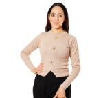 Top court en tricot côtelé Beige avec Boutons Marins Dorés – Image 2