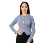 Top court en tricot côtelé Bleu avec Boutons Marins Dorés – Image 2